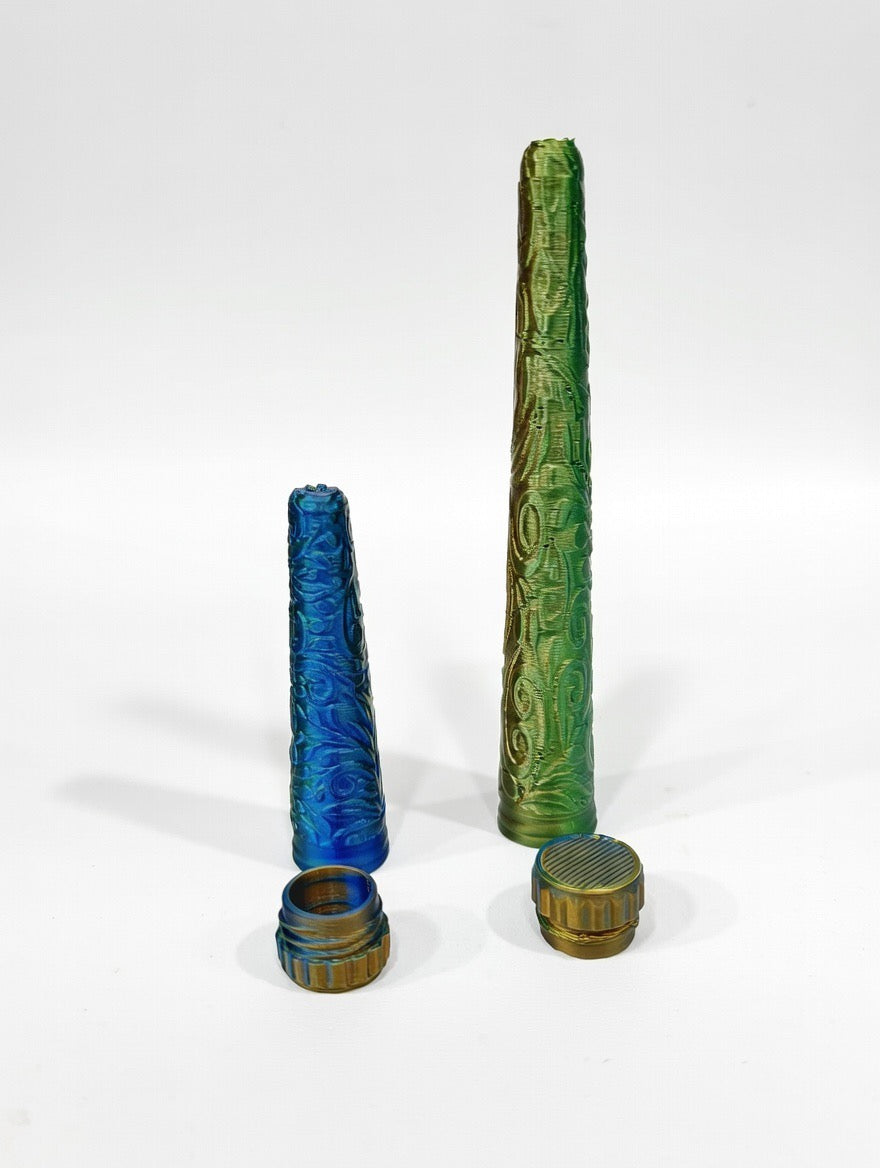 Custom Ornate Conical Storage Tube set – Protective Storage Case with Threaded Cap | Discreet Portable Carry Container